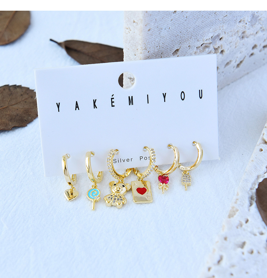 Fashion Gold Titanium Steel Inlaid Zirconium Bear Earrings 6-piece Gold Plated,Earring Set