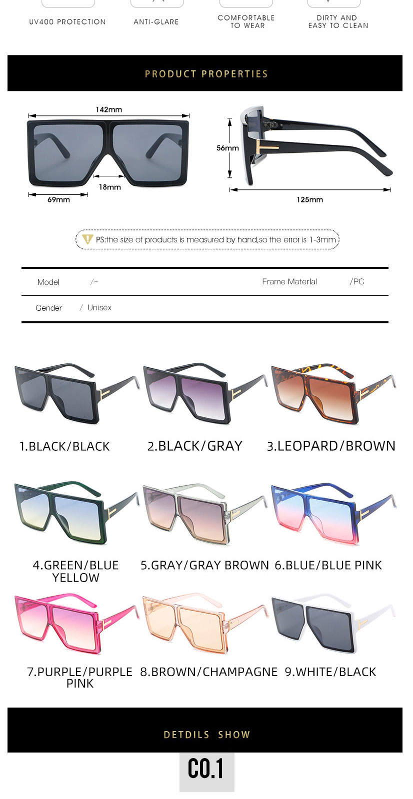 Fashion Black Frame Double Gray Sheet T-shaped Big Frame Sunglasses,Women Sunglasses
