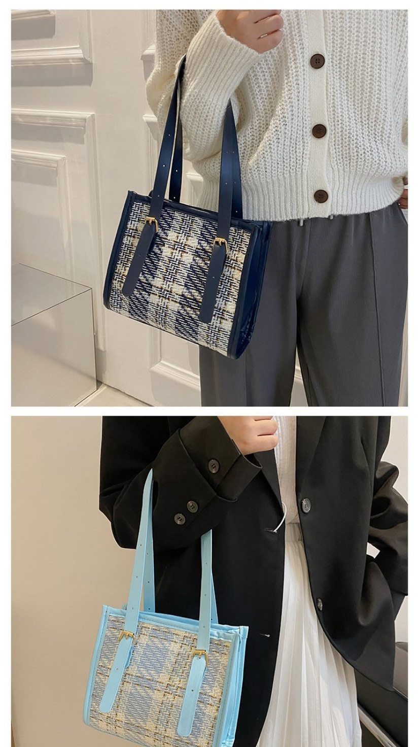 Fashion Light Blue Large-capacity Woven Check Handbag,Handbags