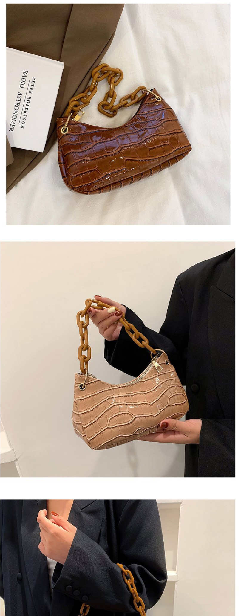 Fashion Brown Pu Stone Pattern Chain Handbag,Handbags