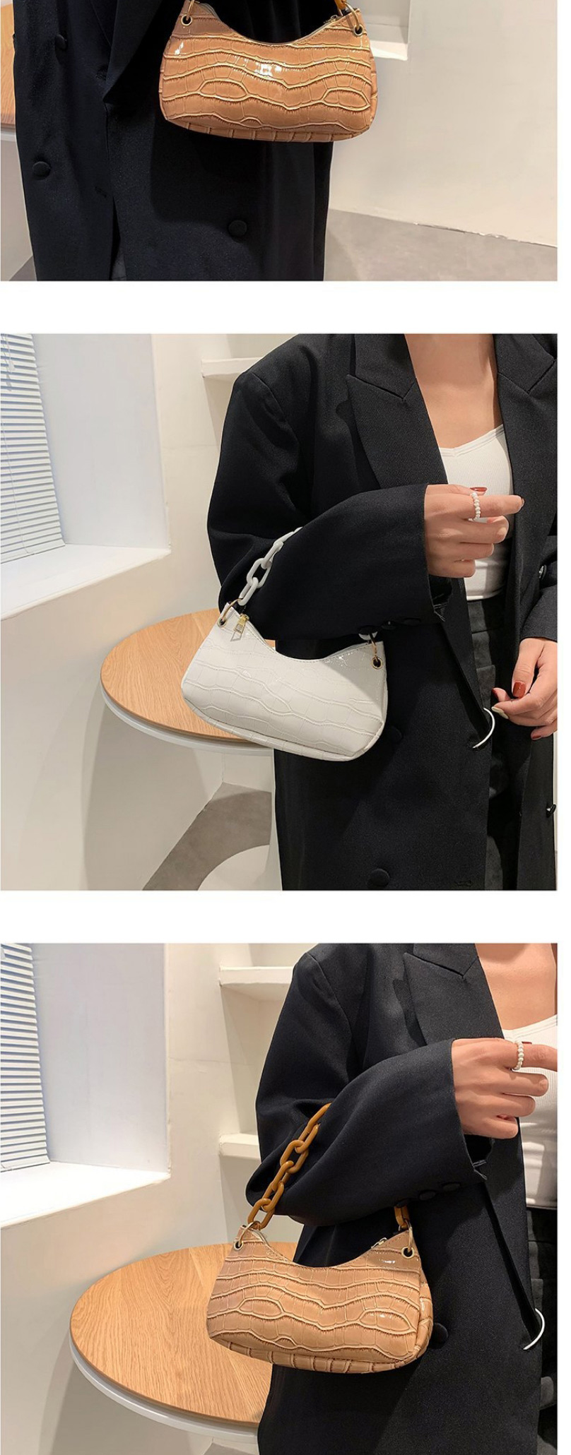Fashion Khaki Pu Stone Pattern Chain Handbag,Handbags