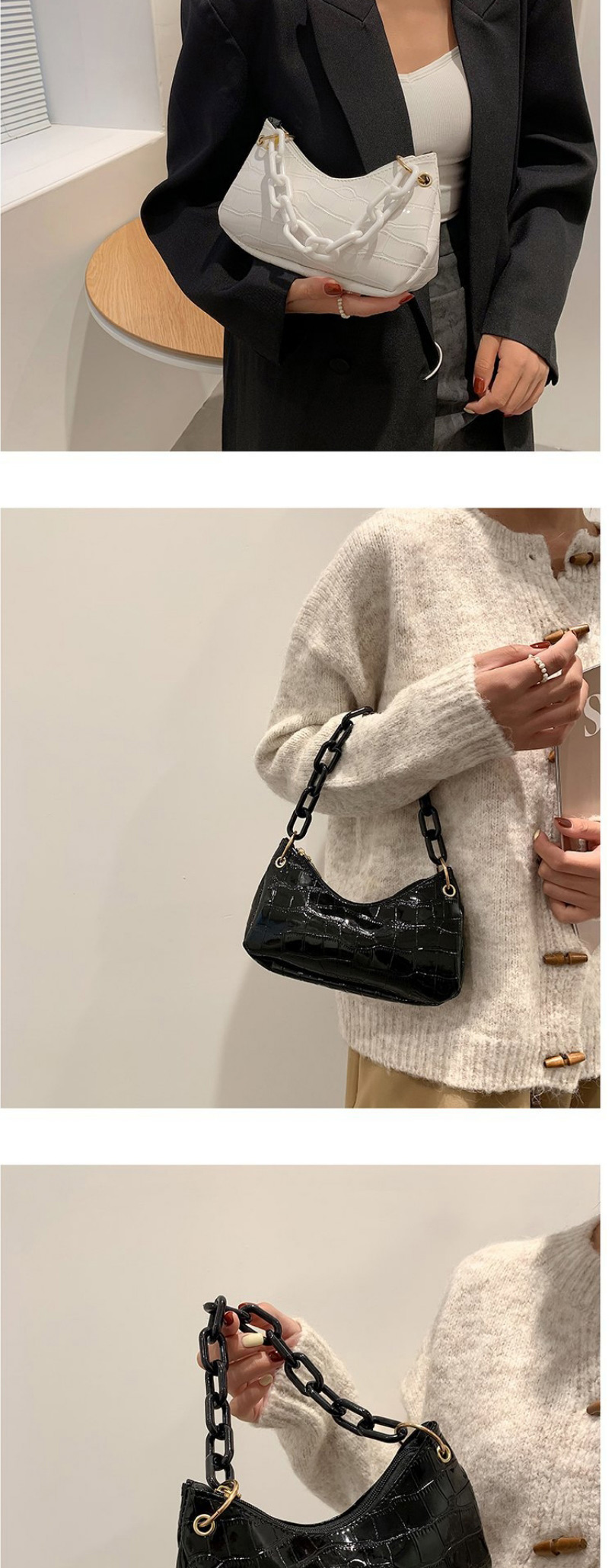 Fashion White Pu Stone Pattern Chain Handbag,Handbags