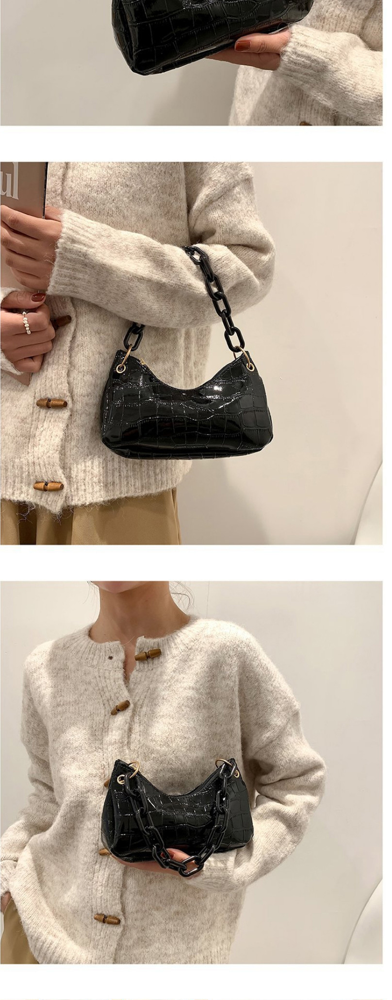 Fashion Black Pu Stone Pattern Chain Handbag,Handbags