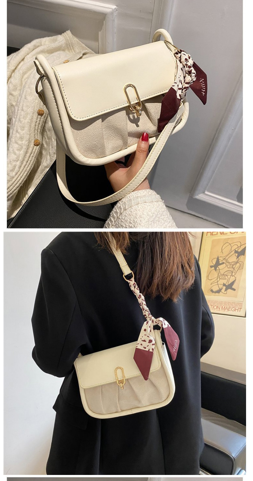 Fashion Off White Pu Flap Lock Silk Scarf Crossbody Bag,Shoulder bags
