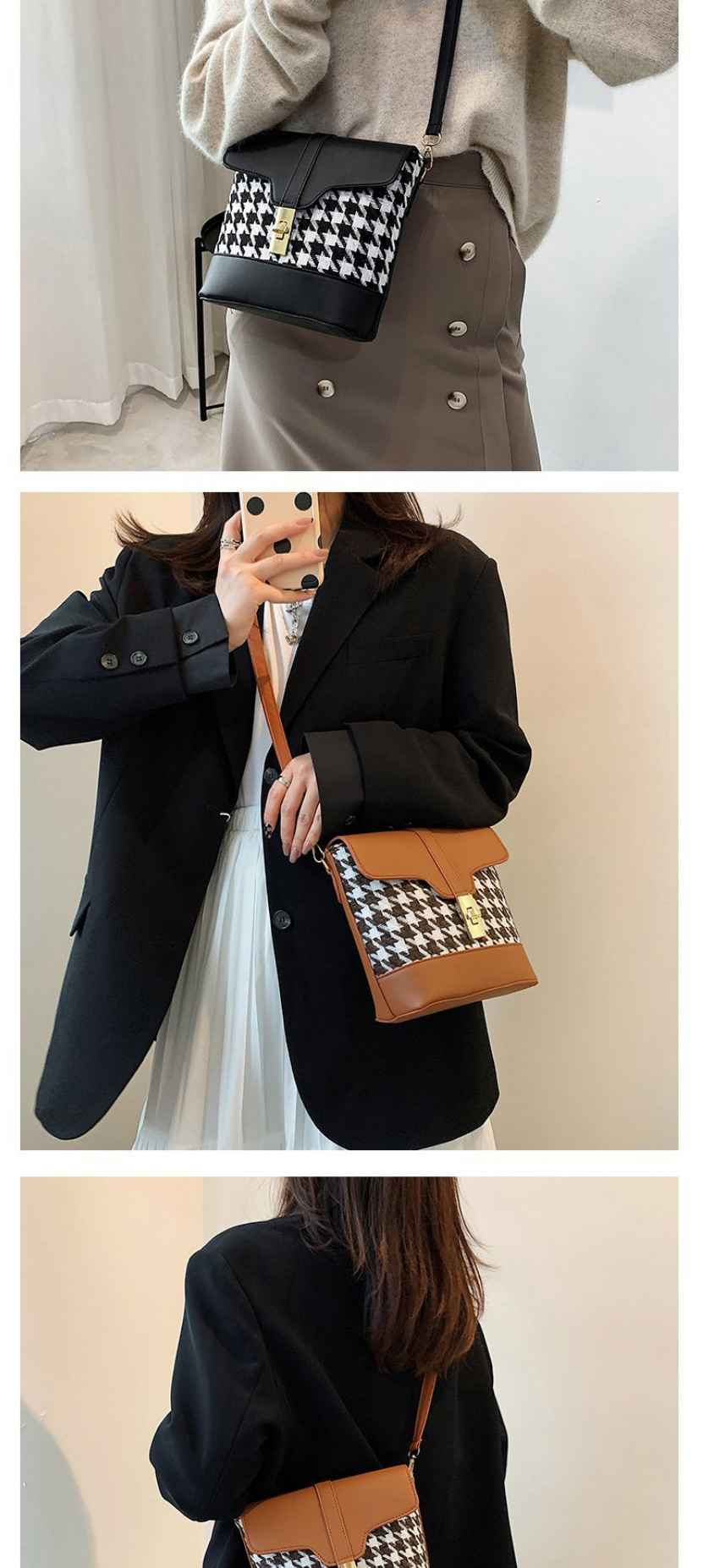 Fashion Coffee Color Houndstooth Lock Crossbody Bag,Shoulder bags