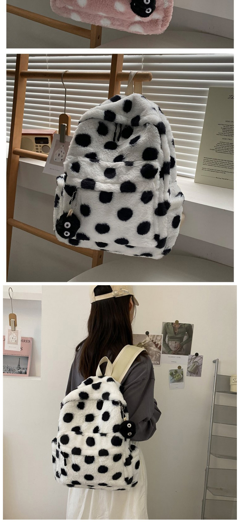 Fashion Pink With Pendant Plush Polka Dot Backpack,Backpack