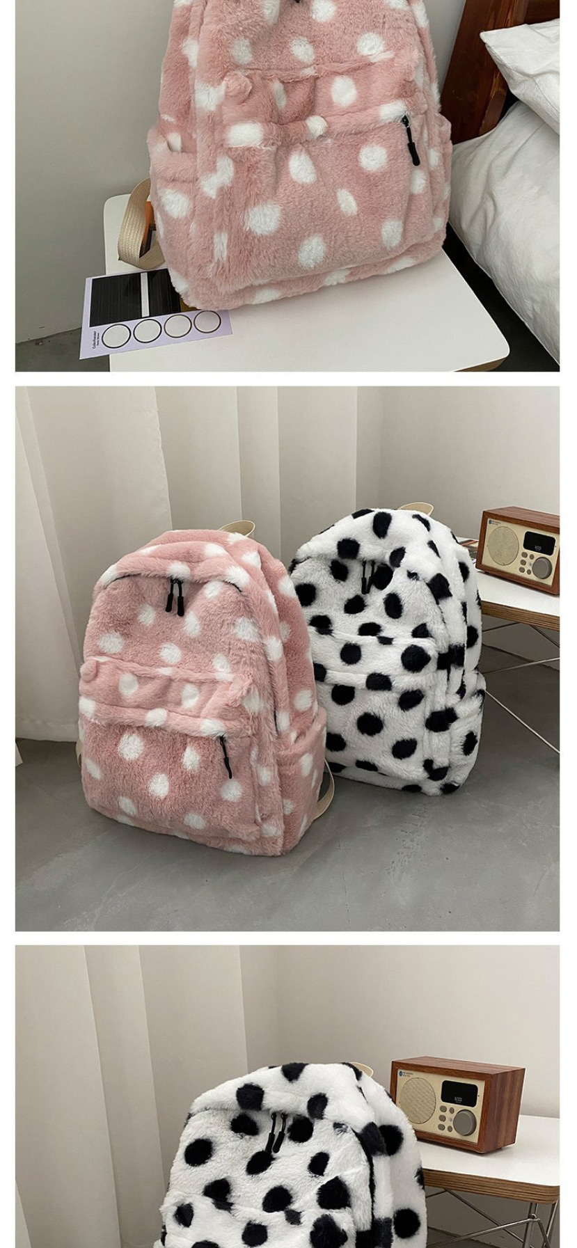 Fashion Pink With Pendant Plush Polka Dot Backpack,Backpack