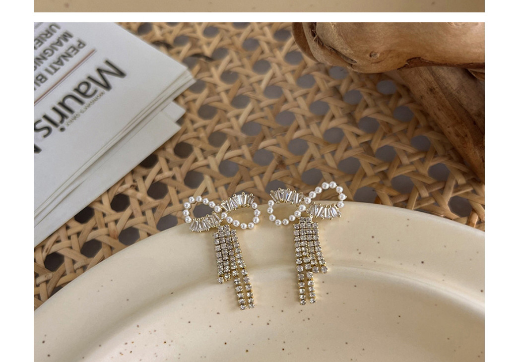 Fashion Silver Copper Inlaid Zirconium Pearl Rhinestone Bow Stud Earrings,Earrings