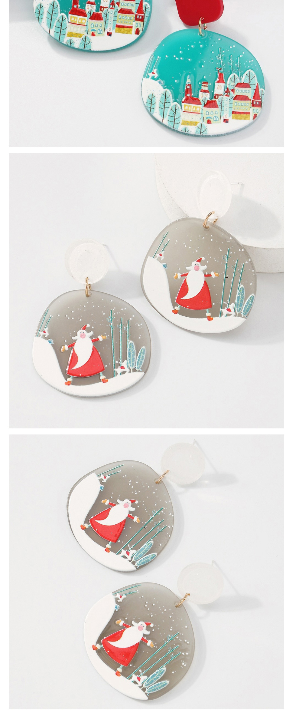 Fashion Santa Claus Resin Plate Christmas Snowman Bell Castle Stud Earrings,Stud Earrings
