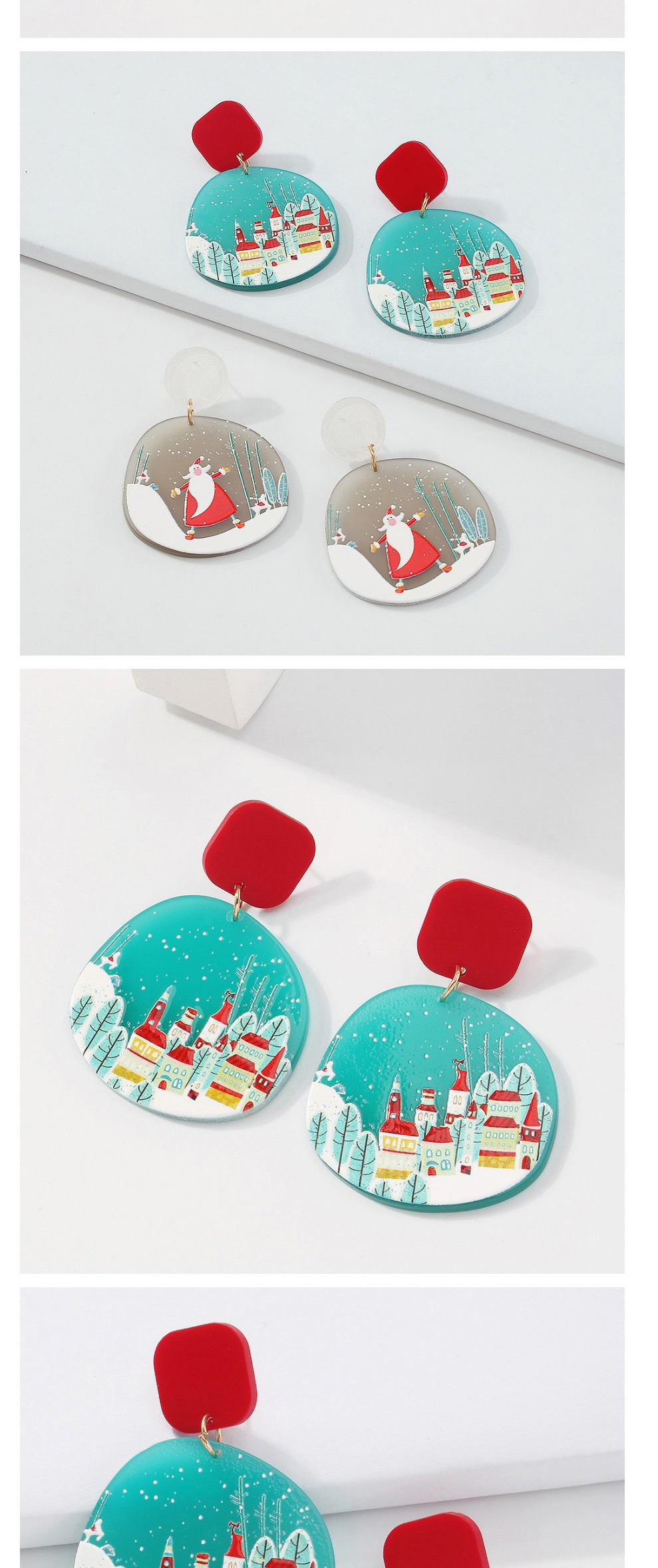 Fashion Christmas Tree Red And Green Resin Plate Christmas Snowman Bell Castle Stud Earrings,Stud Earrings