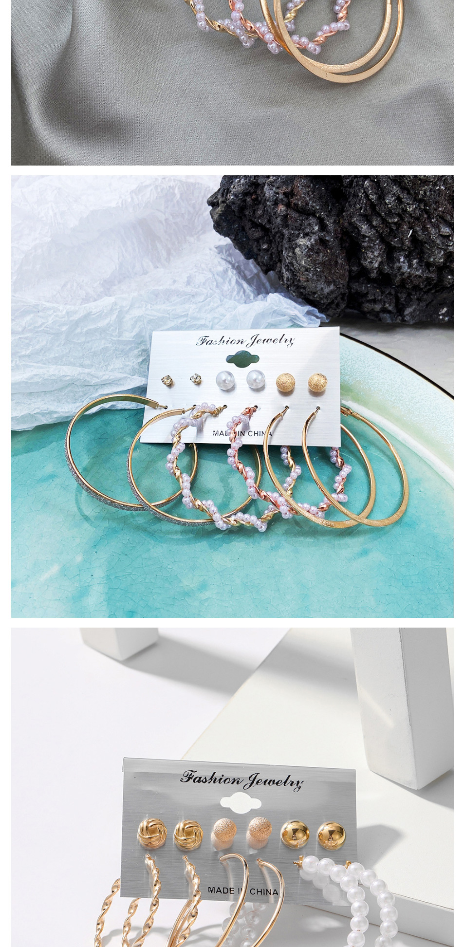 Fashion 4# Geometric Diamond C-shaped Pearl Wrapping Earring Set,Jewelry Sets