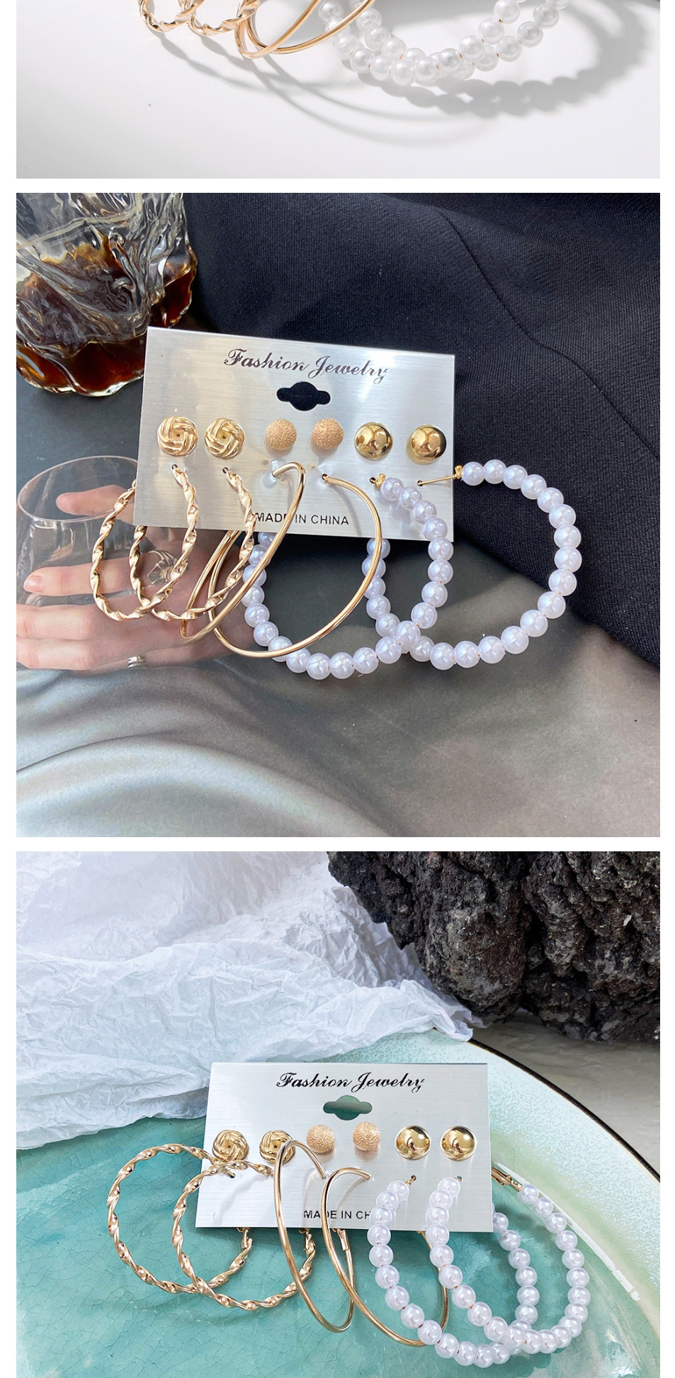 Fashion 4# Geometric Diamond C-shaped Pearl Wrapping Earring Set,Jewelry Sets