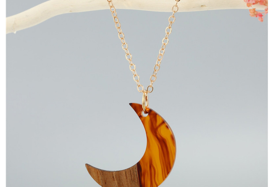 Fashion Brown Moon Resin Wood Stitching Moon Necklace,Pendants