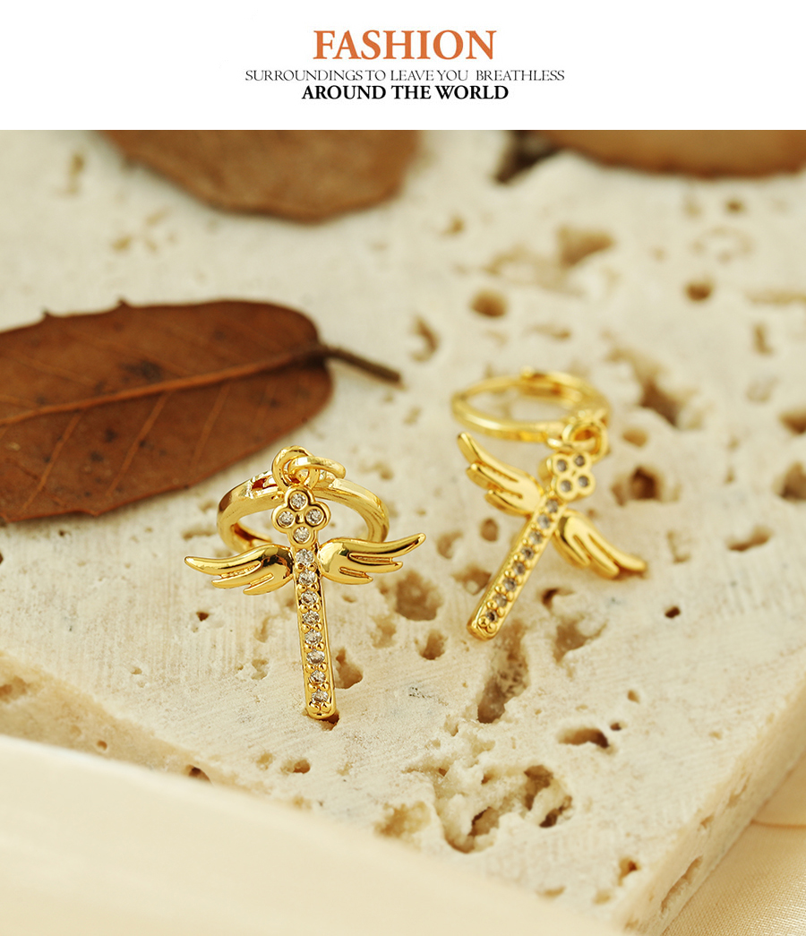 Fashion Gold Copper Inlaid Zirconium Cross Wing Earrings,Earrings