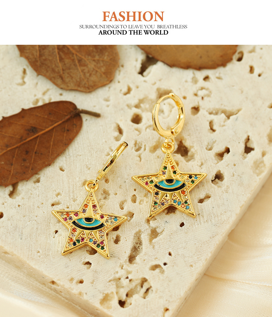 Fashion Color Copper Inlaid Zirconium Five-pointed Star Eye Ear Ring,Earrings