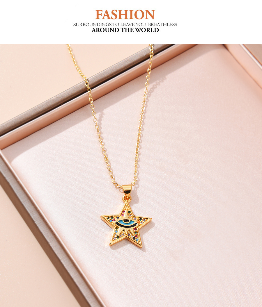 Fashion Color Copper Inlaid Zirconium Five-pointed Star Eye Necklace,Necklaces