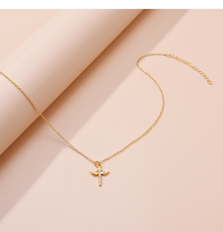 Fashion Gold Copper And Zirconium Cross Wings Necklace,Necklaces