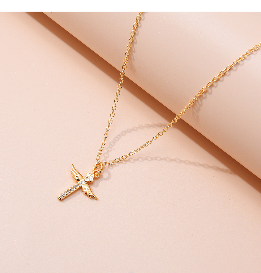 Fashion Gold Copper And Zirconium Cross Wings Necklace,Necklaces