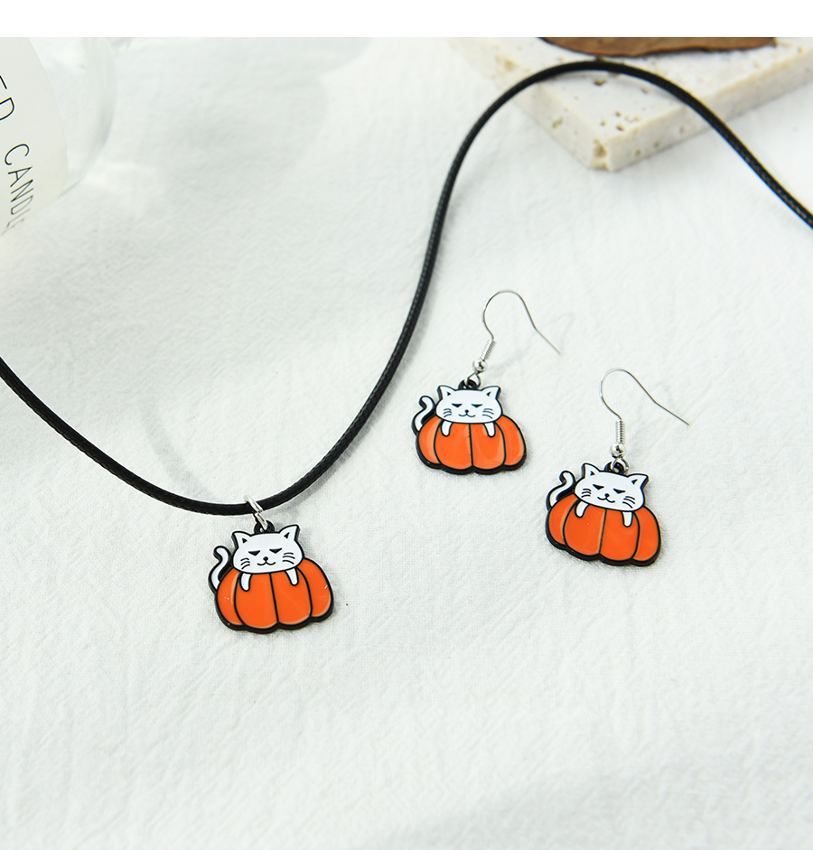 Fashion Silver Alloy Drip Oil Halloween Pumpkin Cat Necklace And Earrings Set,Jewelry Sets