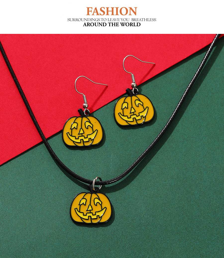 Fashion Silver Alloy Drip Oil Halloween Pumpkin Necklace Earrings Set,Jewelry Sets