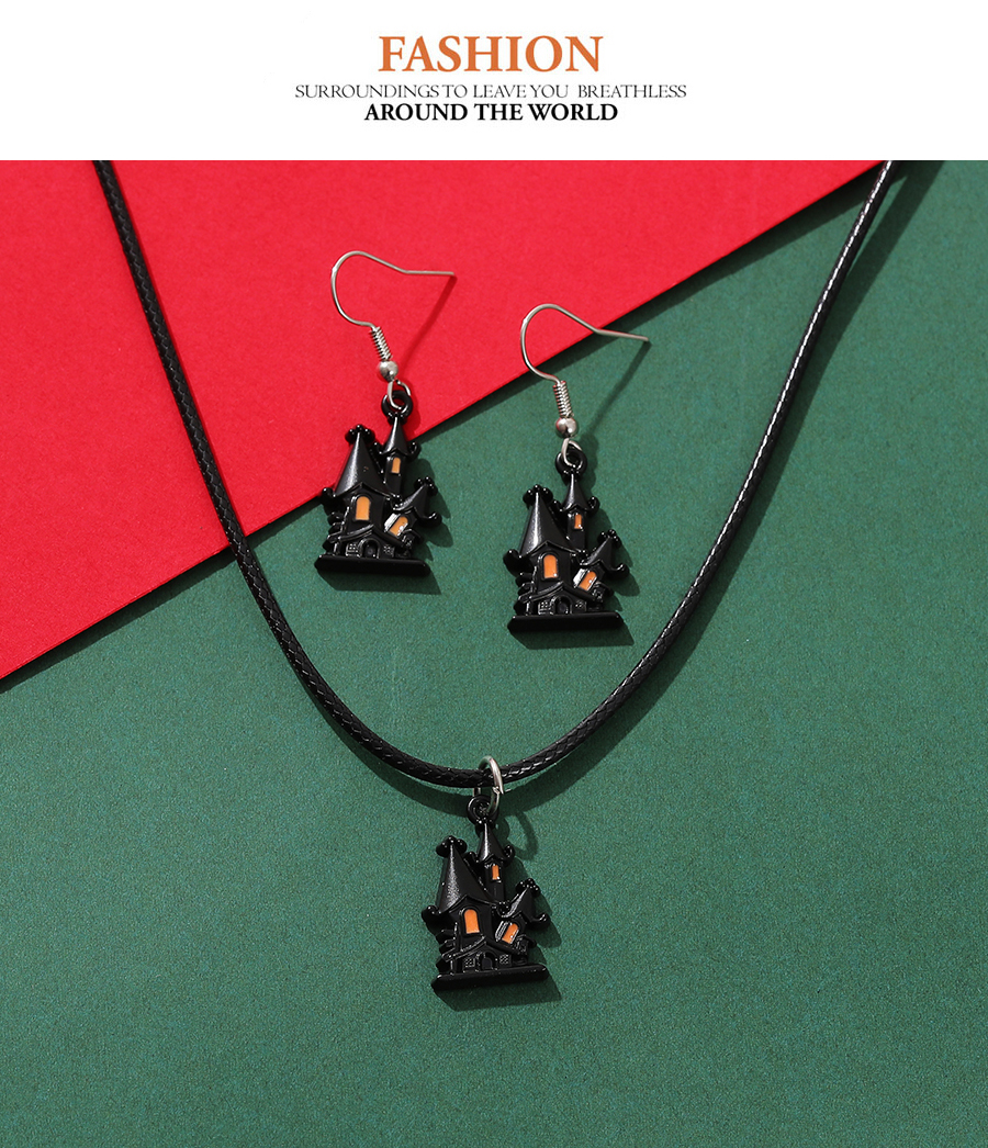 Fashion Black Alloy Drip Oil Halloween Castle Necklace Earrings Set,Jewelry Sets