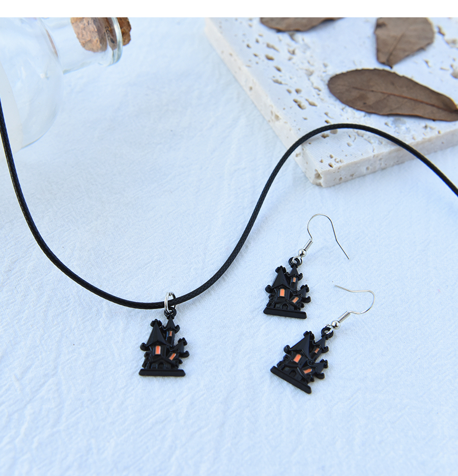 Fashion Black Alloy Drip Oil Halloween Castle Necklace Earrings Set,Jewelry Sets