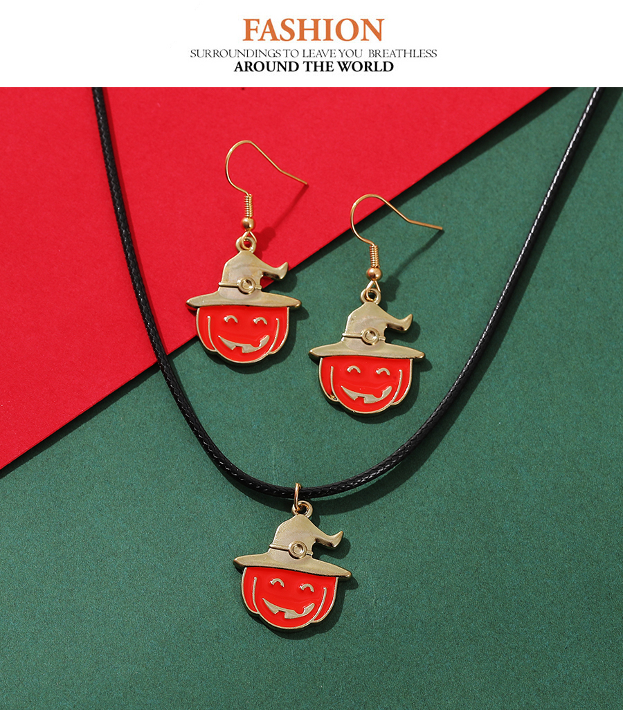 Fashion Red Alloy Drip Oil Halloween Pumpkin Necklace Earrings Set,Jewelry Sets