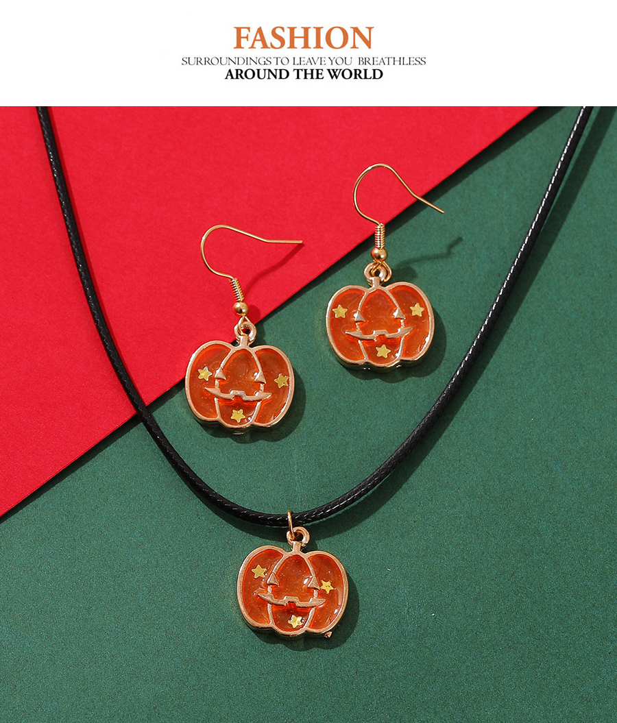 Fashion Orange Alloy Drip Oil Halloween Pumpkin Necklace Earrings Set,Jewelry Sets