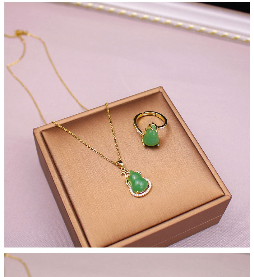 Fashion Green Necklace Titanium Steel Green Crystal Gourd Necklace And Ring Set,Jewelry Set