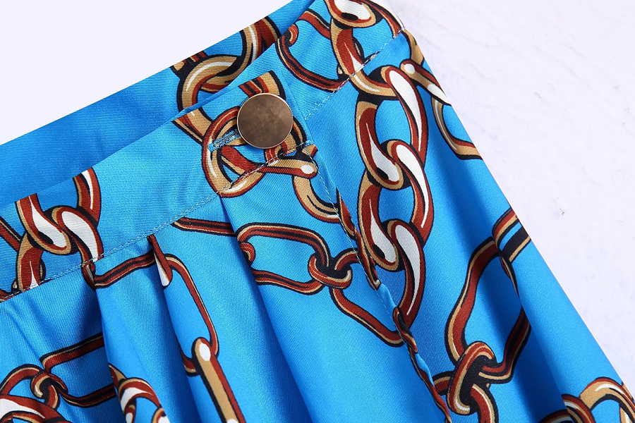 Fashion Blue Chain Print Micropleated Skirt,Skirts