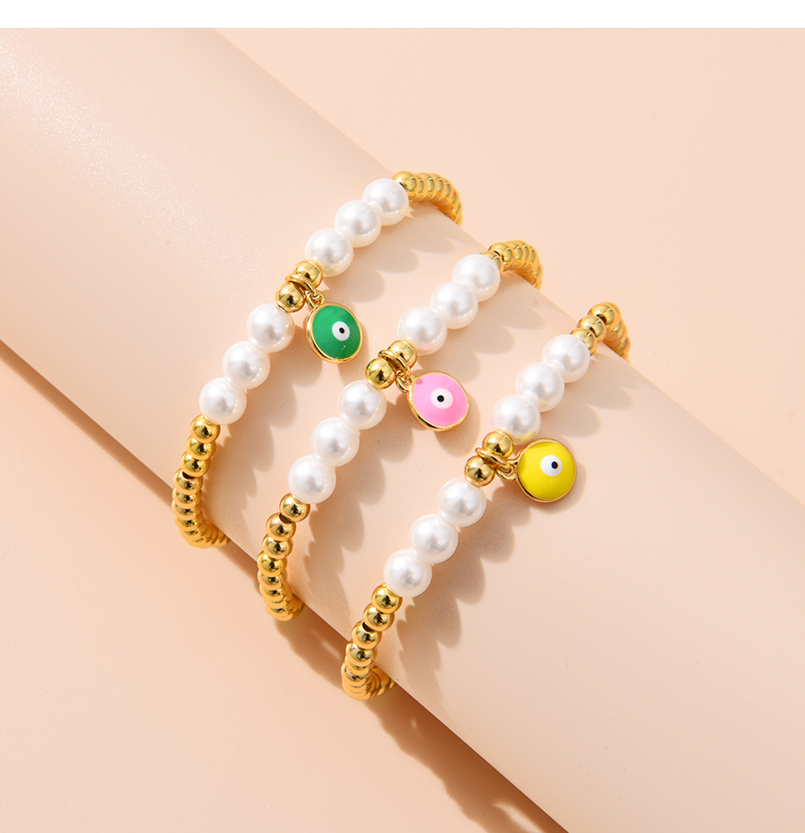 Fashion Yellow Copper Beaded Oil Drop Pearl Round Eye Bracelet Real Gold Plated,Bracelets