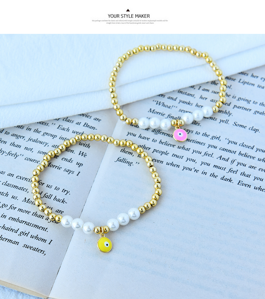 Fashion Yellow Copper Beaded Oil Drop Pearl Round Eye Bracelet Real Gold Plated,Bracelets