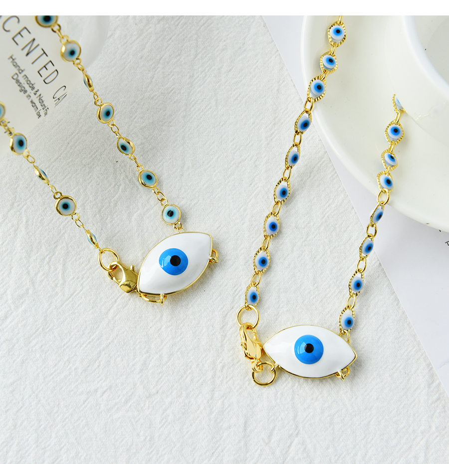 Fashion White Titanium Steel Inlaid Zirconium Oil Dripping Eyes Lobster Clasp Necklace Real Gold Plated,Necklaces