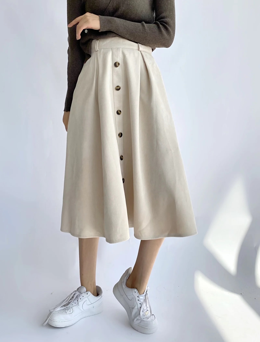 Fashion Off White Suede Breasted High-waist Umbrella Skirt,Skirts
