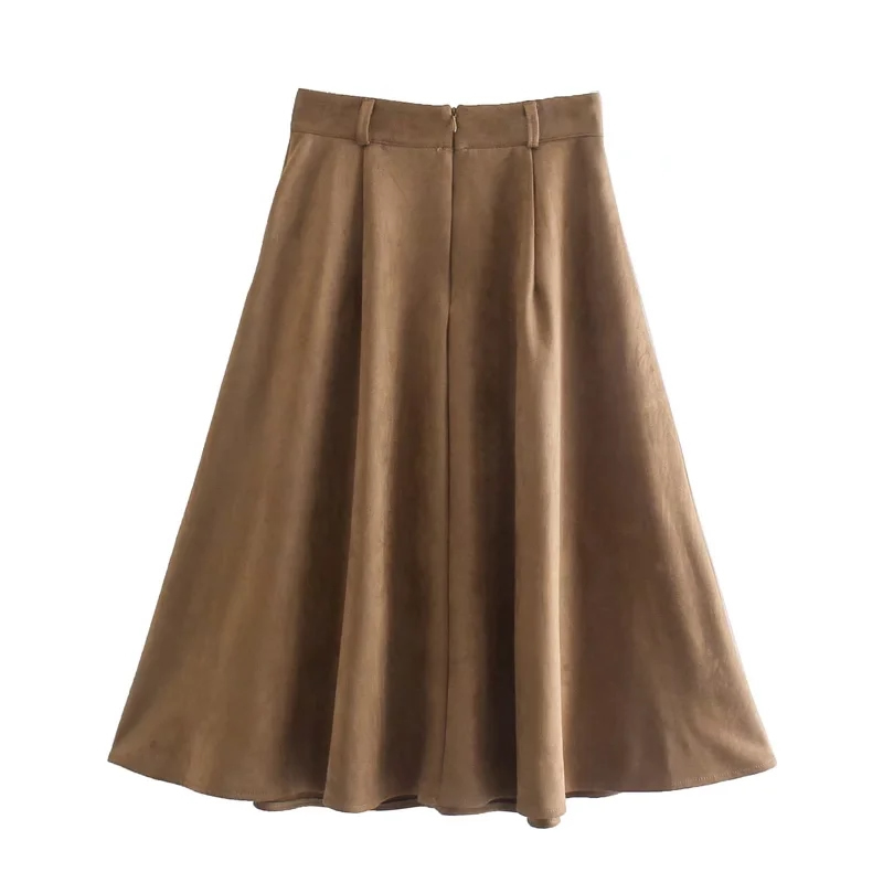 Fashion Brown Suede Breasted High-waist Umbrella Skirt,Skirts