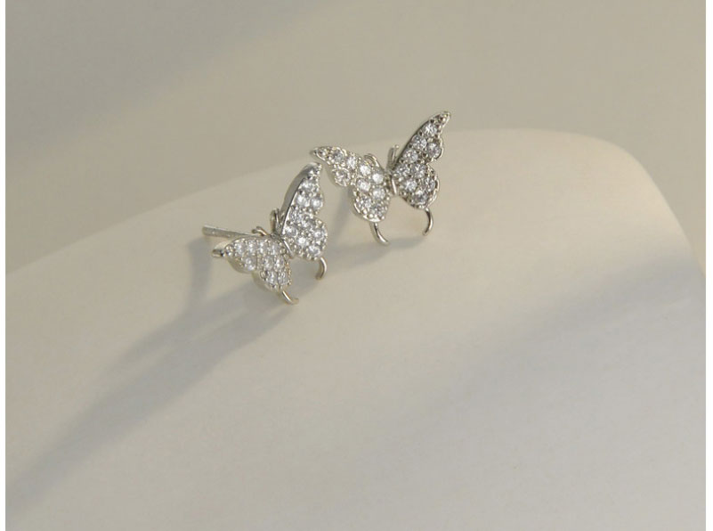 Fashion Pair Of Silver Color Color Double Butterflies-ear Clips Copper And Diamond Butterfly Ear Clips,Earrings