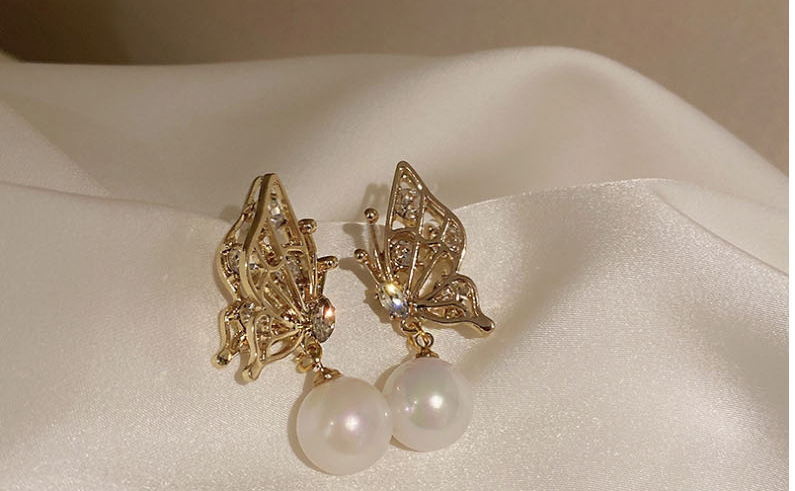 Fashion Gold Color Alloy Diamond Butterfly Pearl Stud Earrings,Stud Earrings