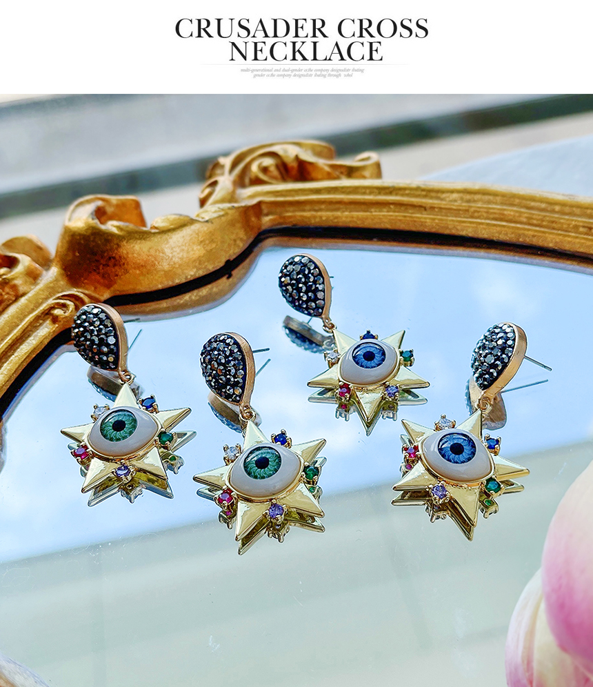 Fashion Green Bronze Diamond-studded Five-pointed Star Eye Stud Earrings,Earrings