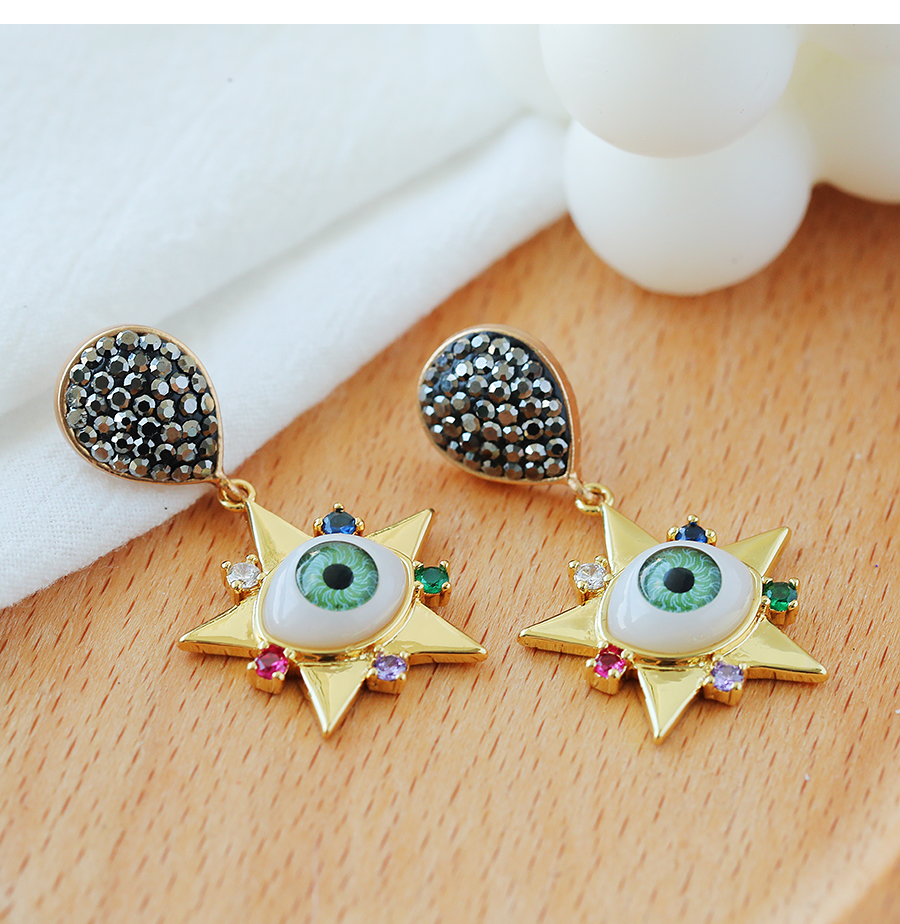Fashion Green Bronze Diamond-studded Five-pointed Star Eye Stud Earrings,Earrings