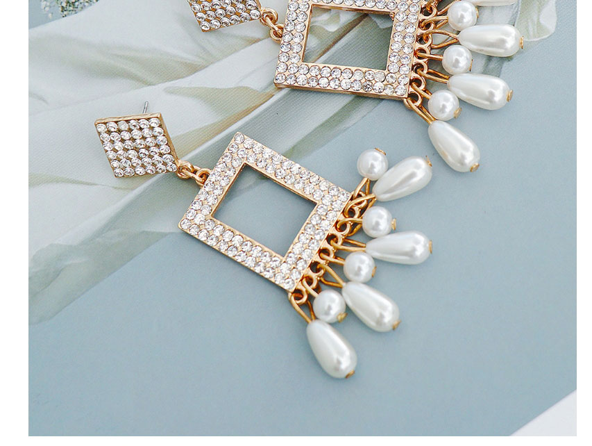 Fashion Water Drill Geometric Square Diamond Pearl Tassel Ear,Stud Earrings