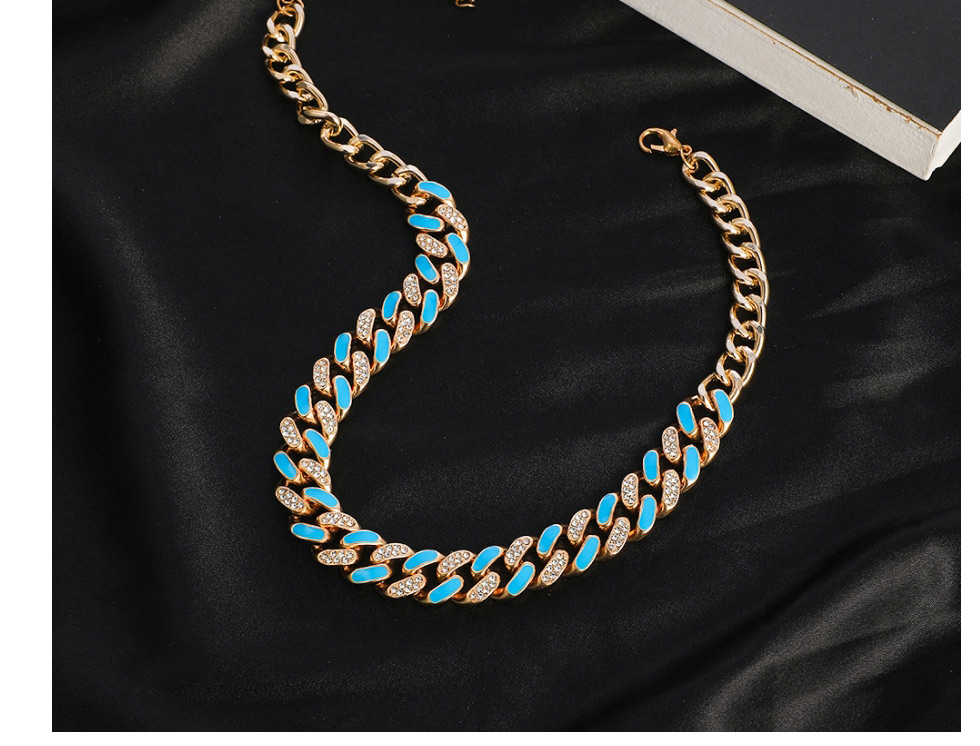 Fashion Blue Two-tone Rhinestone Thick Chain Necklace,Chains
