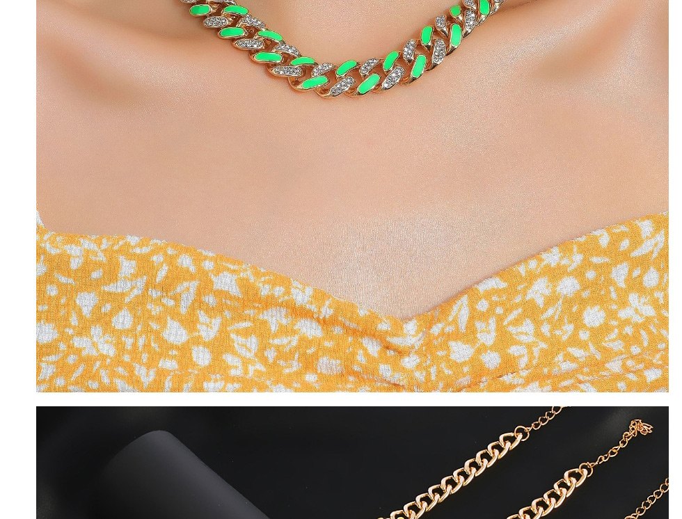 Fashion Green Two-tone Rhinestone Thick Chain Necklace,Chains