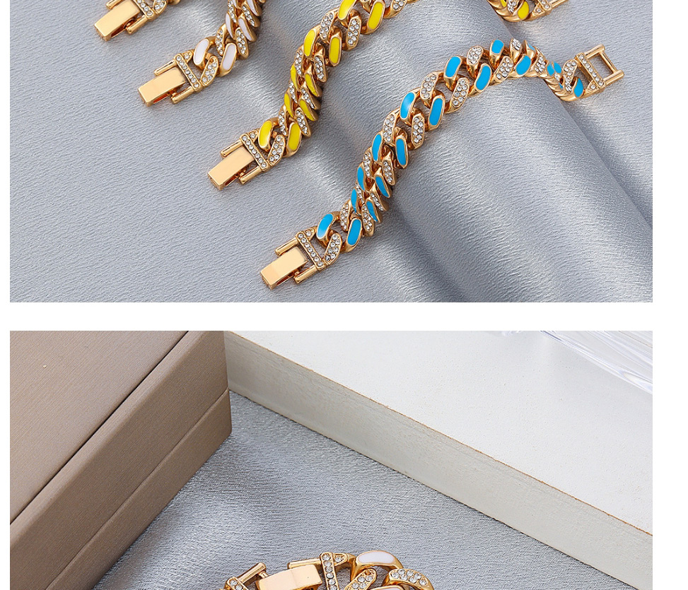 Fashion Blue#bracelet Two-tone Oil Drop Rhinestone Thick Chain Bracelet,Fashion Bracelets