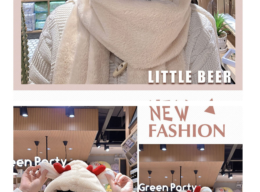 Fashion Strawberry Beige Plush Bear Geometry Scarf Gloves One Three-piece Set  Plush,Beanies&Others