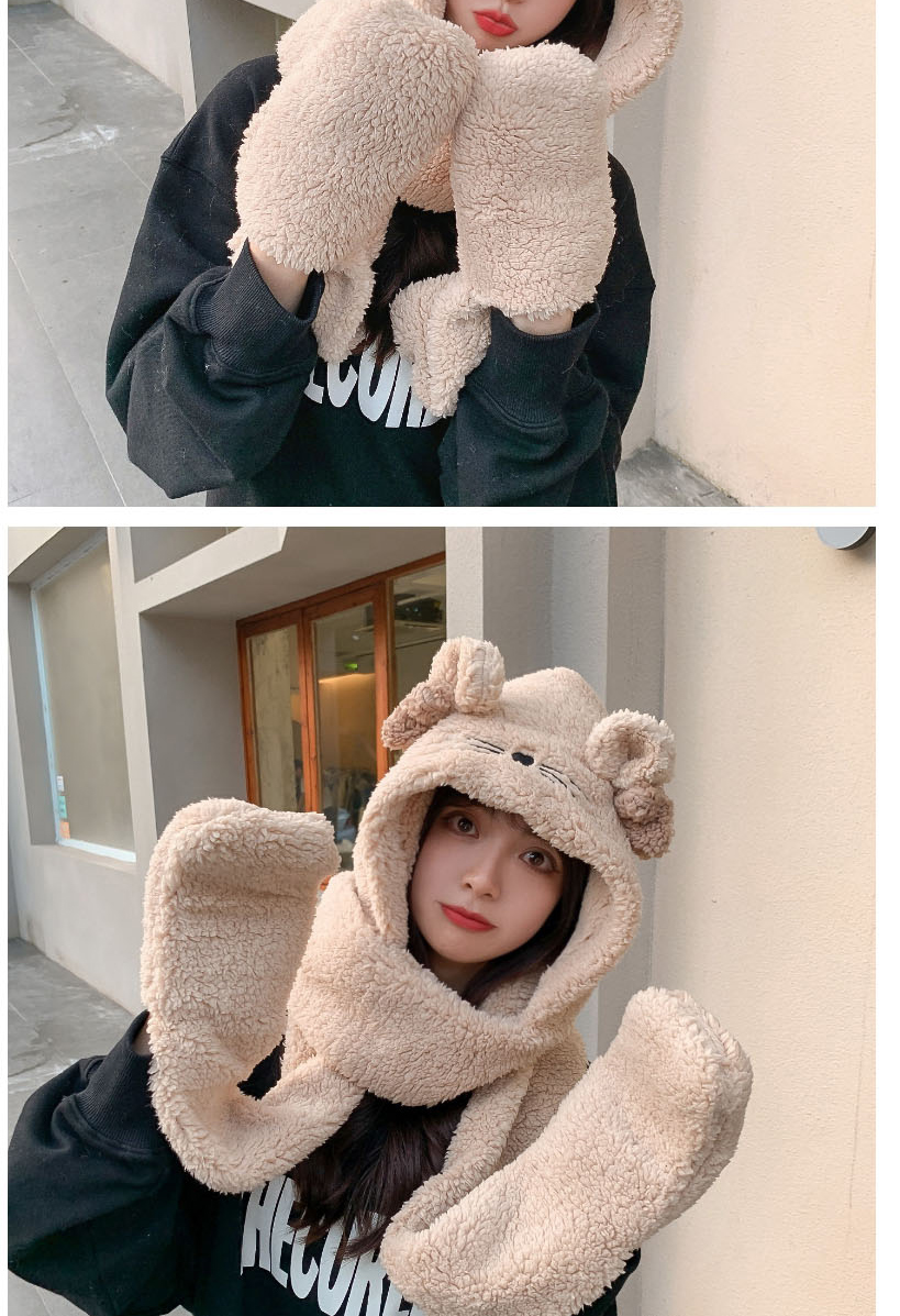 Fashion Pink Plush Ears Hooded Scarf Gloves One Three-piece Set  Cashmere,Beanies&Others