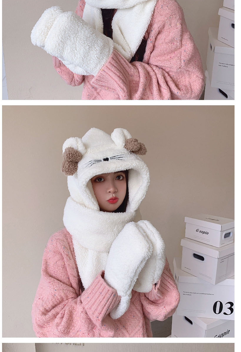 Fashion Beige Plush Ears Hooded Scarf Gloves One Three-piece Set  Cashmere,Beanies&Others