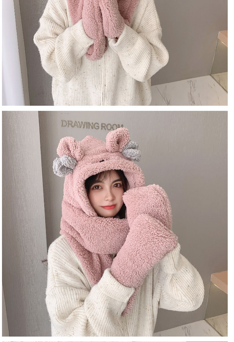 Fashion White Plush Ears Hooded Scarf Gloves One Three-piece Set  Cashmere,Beanies&Others