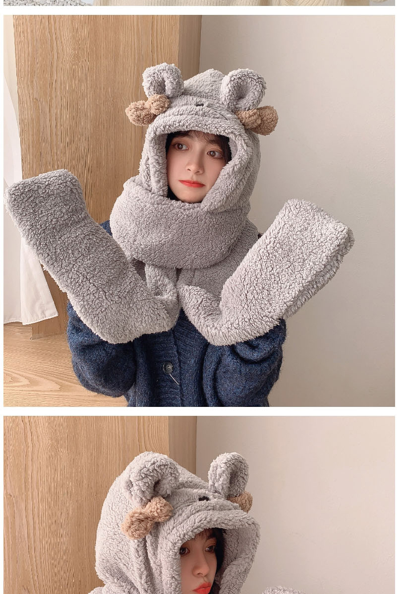 Fashion Beige Plush Ears Hooded Scarf Gloves One Three-piece Set  Cashmere,Beanies&Others