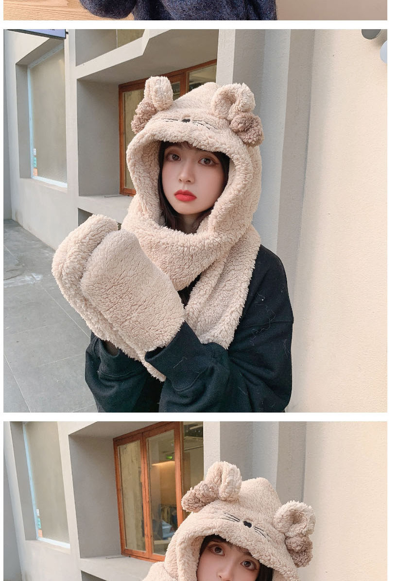 Fashion Grey Plush Ears Hooded Scarf Gloves One Three-piece Set  Cashmere,Beanies&Others