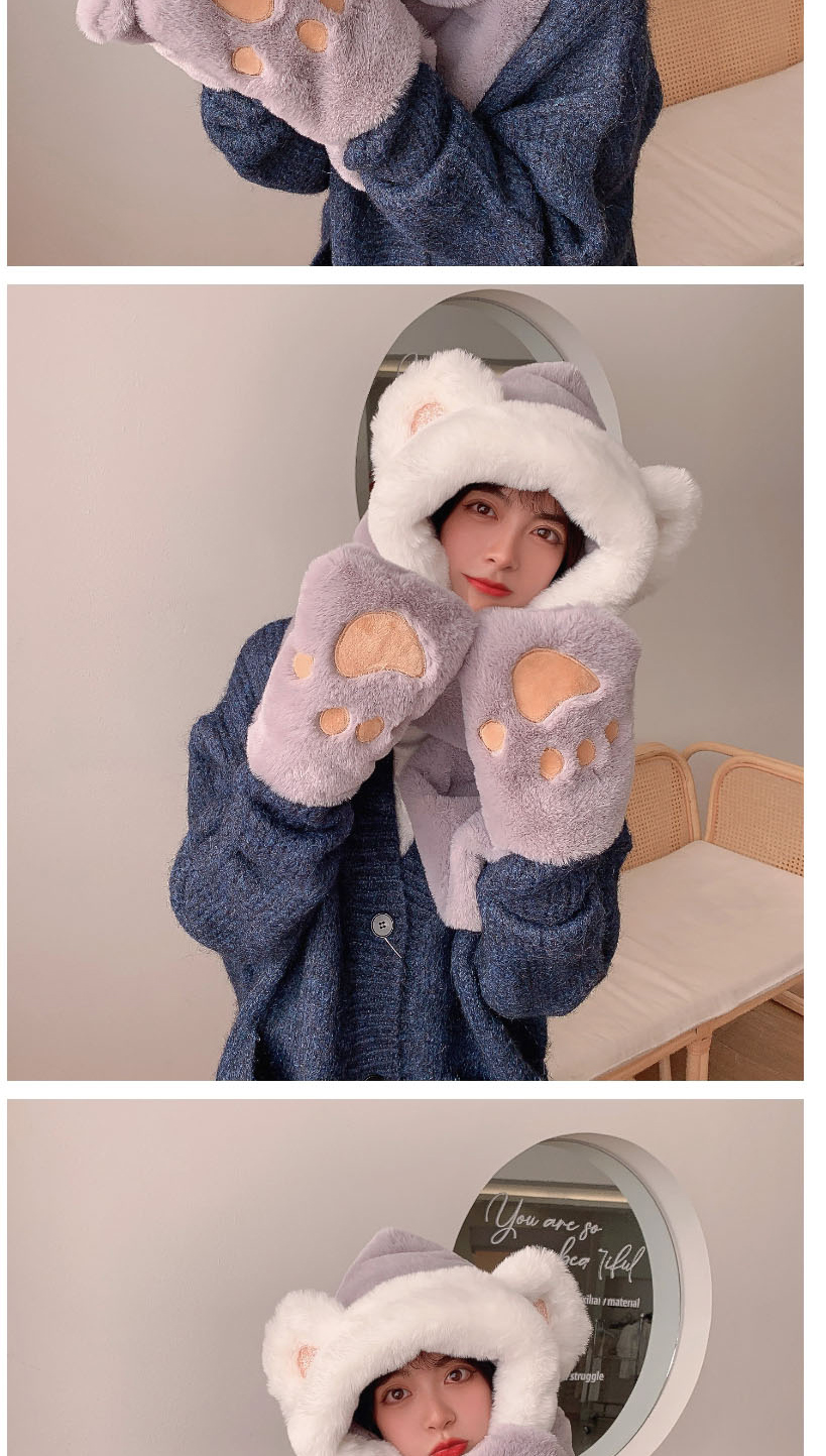 Fashion Coffee Plus Velvet Sequins Bear Claw Embroidery Plush Scarf Gloves Three-piece Set  Fleemere,Beanies&Others